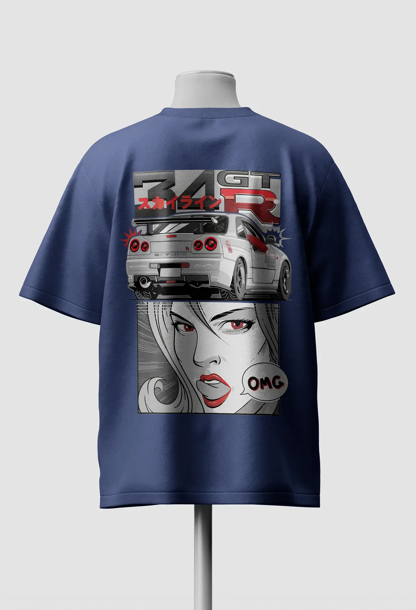 GTR blue back.jpg GTR Skyline Oversized T-Shirts - Image 1