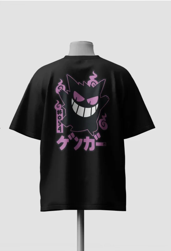Black oversized drop shoulder t-shirt with blacked-out Gengar silhouette, #094 Pokedex badge and ゲンガー katakana back print