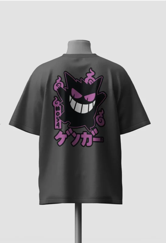 Grey oversized drop shoulder t-shirt with blacked-out Gengar silhouette, #094 Pokedex badge and ゲンガー katakana back print