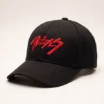 Berserk logo embroidered cap in black with red thread, three quarter view