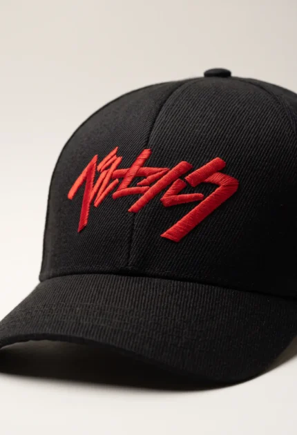 Close up of the red Berserk logo embroidery showing raised satin stitch on black twill