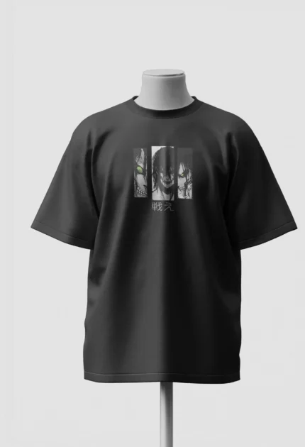 Tatakae Attack on Titan oversized t-shirt front with three titan face panels