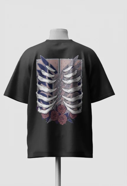 Survey Corps ribcage and roses back print on a black oversized Attack on Titan t-shirt