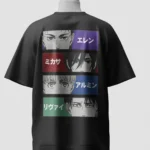 Eren Mikasa Armin and Levi eye panels back print on an Attack on Titan oversized t-shirt
