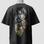 Levi Ackerman back print on a black Attack on Titan oversized t-shirt with a Survey Corps soldier on ODM gear