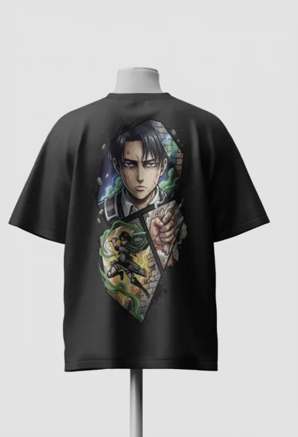 Levi Ackerman back print on a black Attack on Titan oversized t-shirt with a Survey Corps soldier on ODM gear