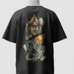 Zeke Yeager back print on a black Attack on Titan oversized t-shirt with a fiery circle and an ODM gear soldier