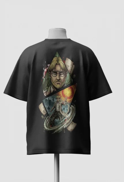Zeke Yeager back print on a black Attack on Titan oversized t-shirt with a fiery circle and an ODM gear soldier