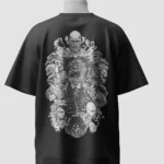 Monochrome titan anatomy line art back print on a black Attack on Titan oversized t-shirt