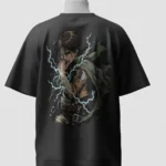 Eren Yeager mid transformation with blue lightning printed on the back of a black oversized t-shirt