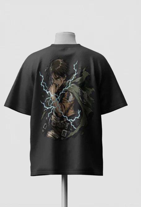 Eren Yeager mid transformation with blue lightning printed on the back of a black oversized t-shirt