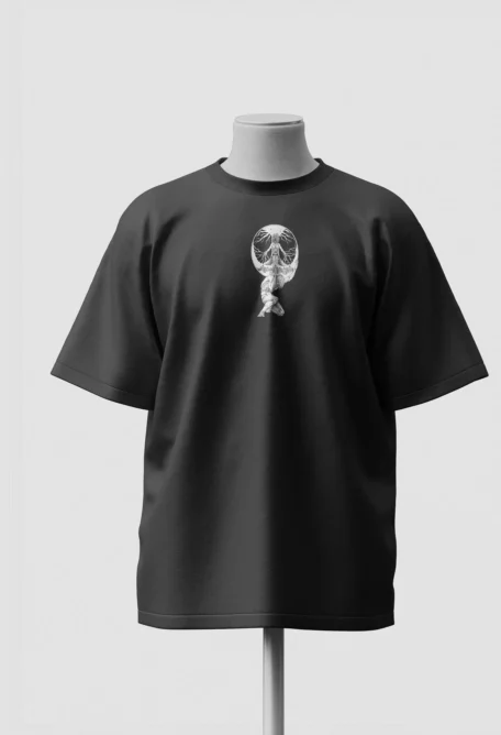 Small white figure printed on the chest of a black Attack on Titan oversized t-shirt