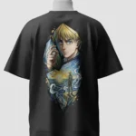 Armin Arlert portrait in Van Gogh Starry Night style printed on the back of a black oversized t-shirt