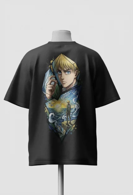 Armin Arlert portrait in Van Gogh Starry Night style printed on the back of a black oversized t-shirt