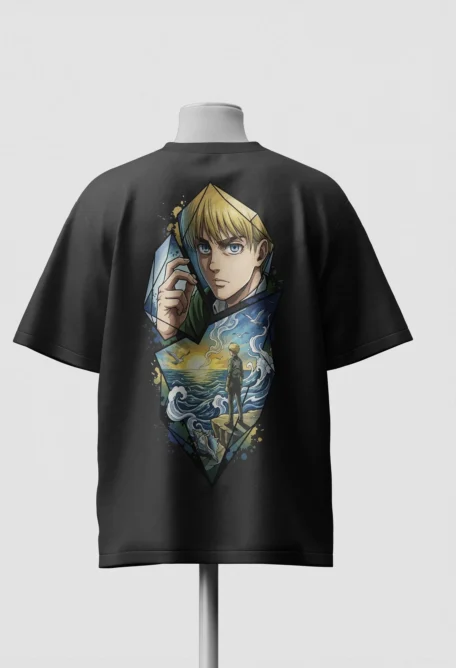 Armin Arlert portrait in Van Gogh Starry Night style printed on the back of a black oversized t-shirt