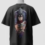 Mikasa Ackerman portrait in a purple arch frame printed on the back of a black oversized t-shirt