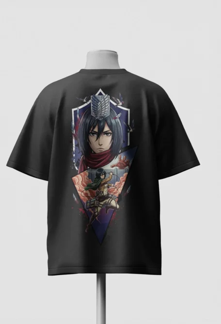 Mikasa Ackerman portrait in a purple arch frame printed on the back of a black oversized t-shirt