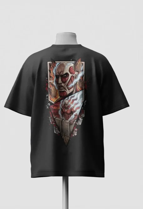 Colossal Titan portrait in a framed panel with Survey Corps wings printed on the back of a black oversized t-shirt