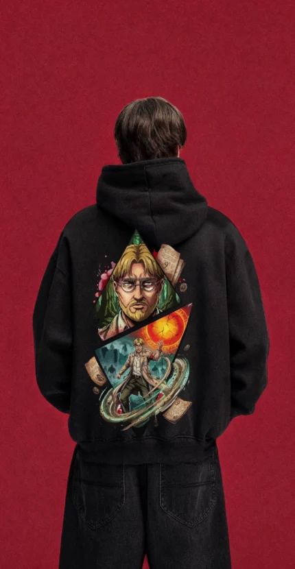 Model wearing a black Attack on Titan hoodie, back view with Zeke portrait and character collage