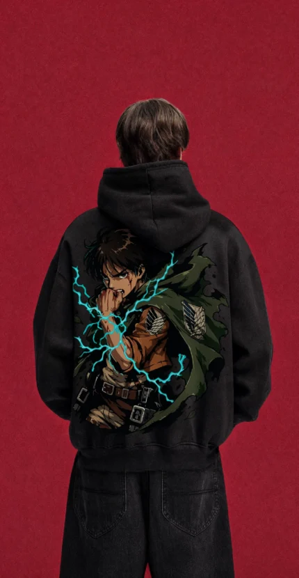 Model wearing a black Attack on Titan hoodie, back view with Eren with blue lightning
