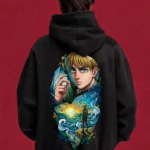 Model wearing a black Attack on Titan hoodie, back view with Armin portrait and ocean scene