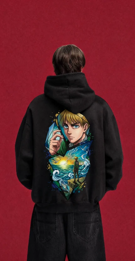 Model wearing a black Attack on Titan hoodie, back view with Armin portrait and ocean scene