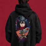 Model wearing a black Attack on Titan hoodie, back view with Mikasa portrait and action collage