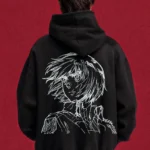 Model wearing a black Attack on Titan hoodie, back view with white line-art Scout portrait