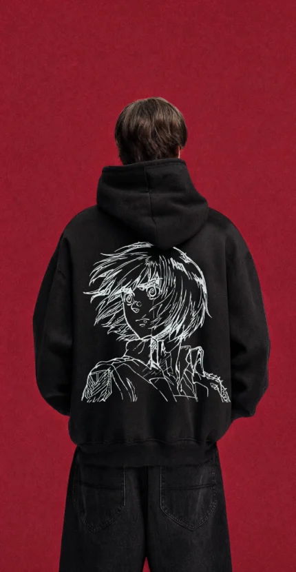 Model wearing a black Attack on Titan hoodie, back view with white line-art Scout portrait