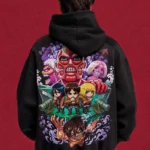 Black Attack on Titan hoodie with colourful chibi squad and Titans back print, worn by a model