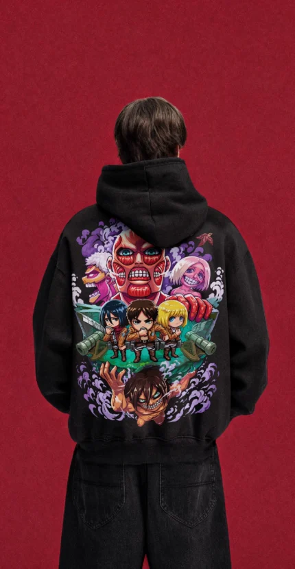 Black Attack on Titan hoodie with colourful chibi squad and Titans back print, worn by a model