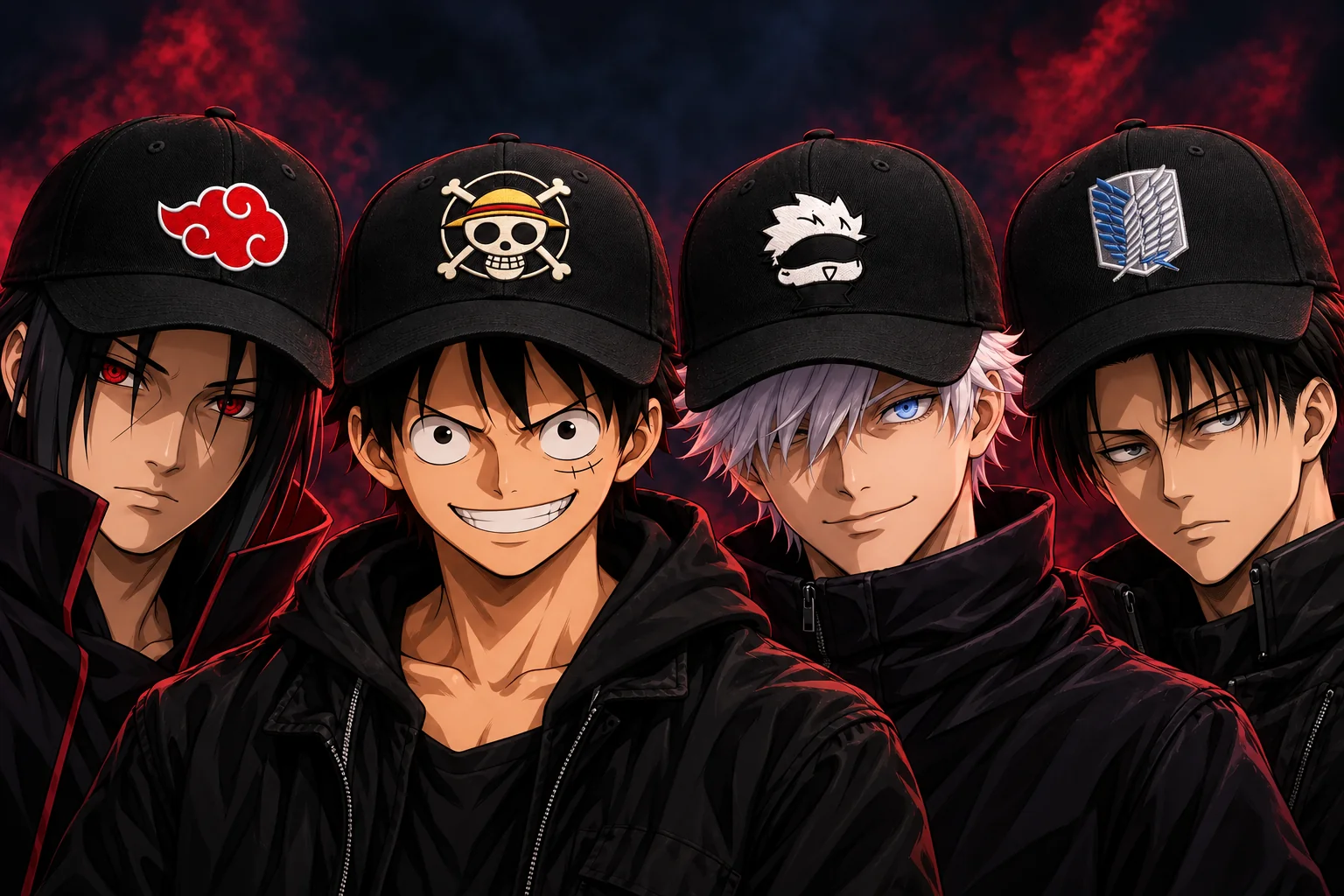 Itachi, Luffy, Gojo and Levi wearing Dripzada's black Akatsuki Cloud, Straw Hat Jolly Roger Gojo and Wings of Freedom embroidered caps