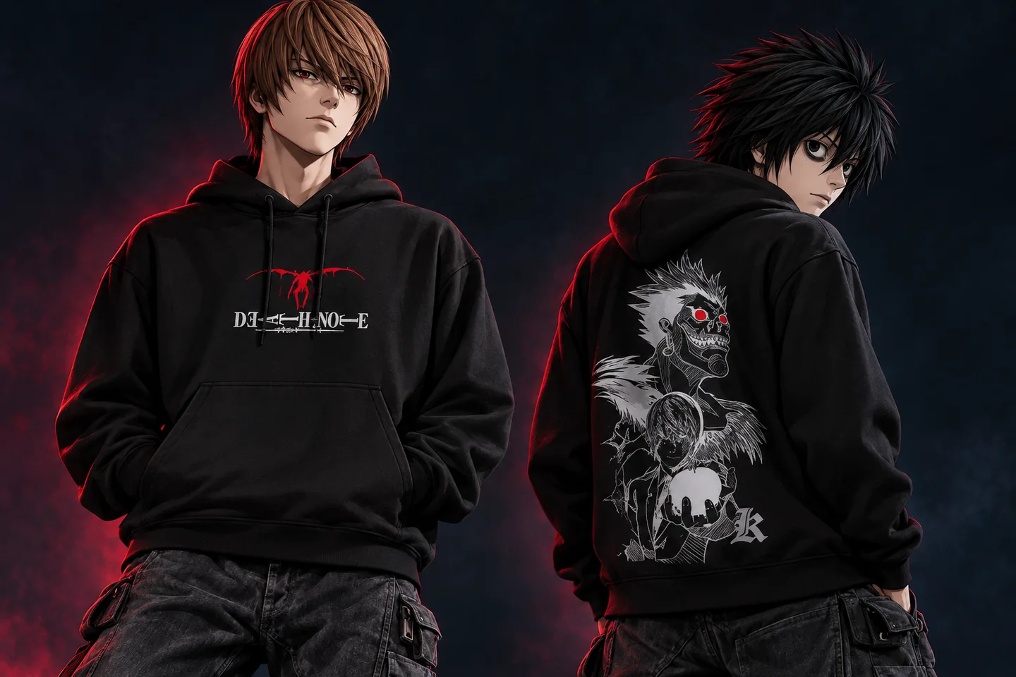 Death Note Hoodies — anime characters styling the front and back hoodie artwork