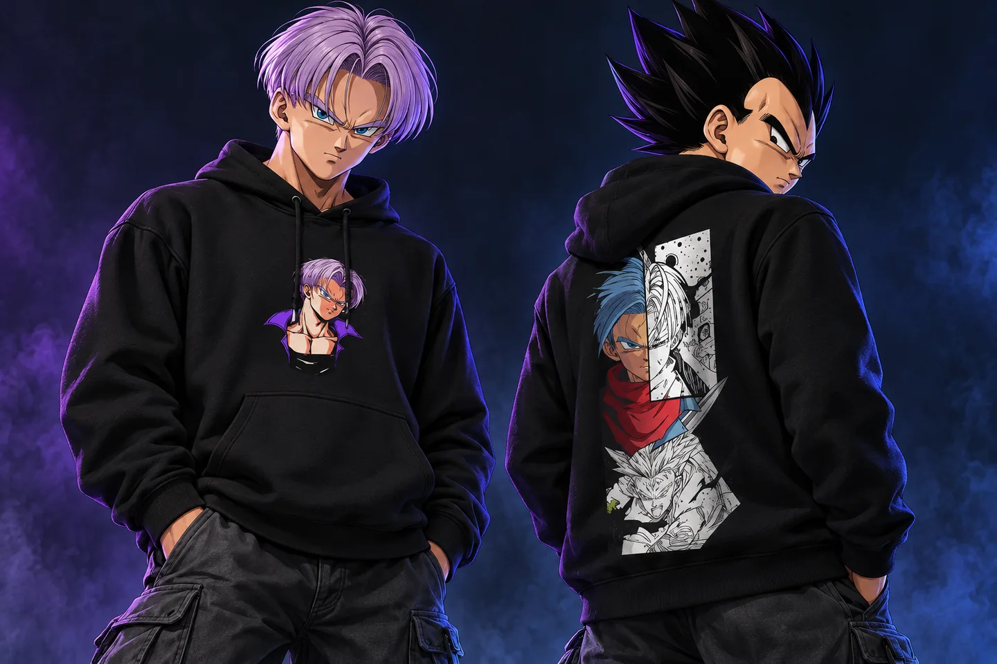 Dragon Ball Hoodies — anime characters styling the front and back hoodie artwork