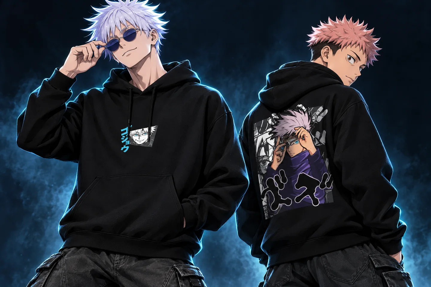 Jujutsu Kaisen Hoodies — anime characters styling the front and back hoodie artwork