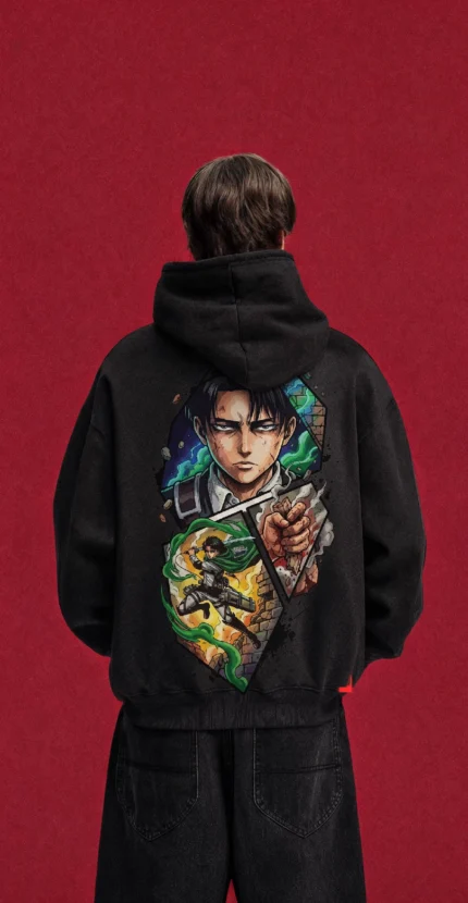 Model wearing black Levi Ackerman hoodie, back view with colourful battle collage