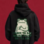 Weird Stuff Frog Hoodie – back graphic on black hoodie