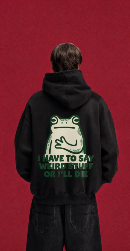 Weird Stuff Frog Hoodie – back graphic on black hoodie