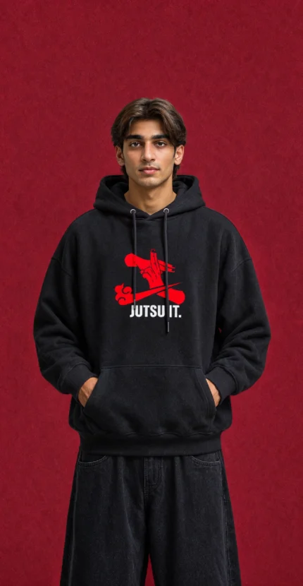 Jutsu It Hoodie – front print on black hoodie