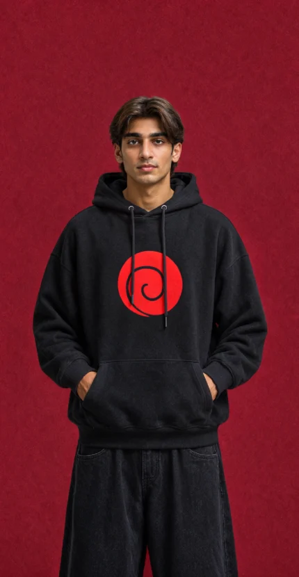 Uzumaki Spiral Hoodie – front print on black hoodie