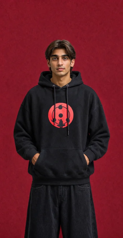 Itachi Sharingan Hoodie – front print on black hoodie