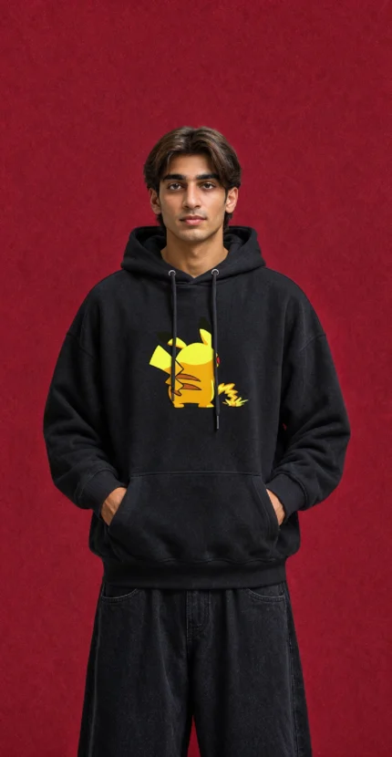 Pikachu Back Pose Hoodie – front print on black hoodie